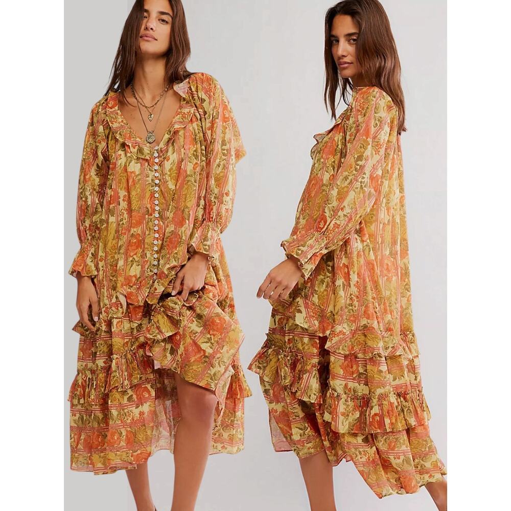 Free People Garden Wonders Maxi Dress Retro 70s Bohemian Floral Size XL - Picture 5 of 14